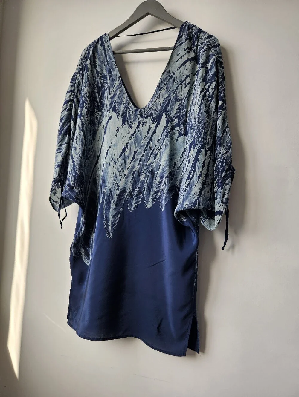 Ramona Larue Silk Blue Colorway Scrunch Shoulder V-Neck Caftan Dress
